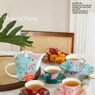 Bộ ấm chén hoa mẫu đơn viền vàng - phong cách châu âu